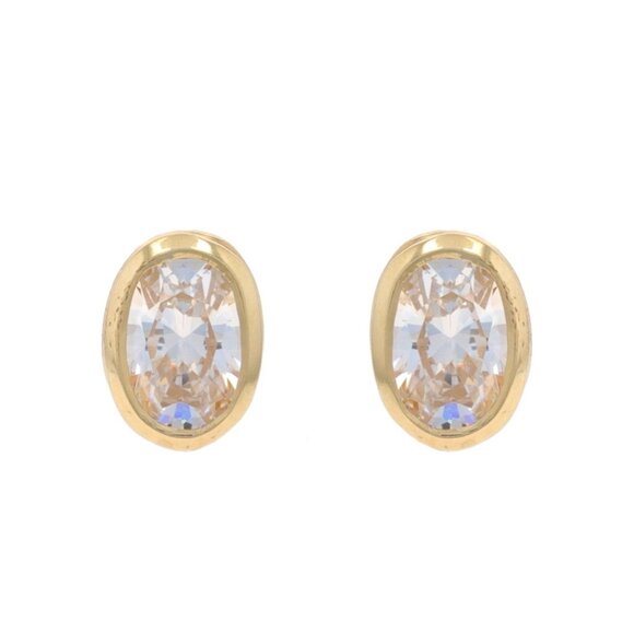 Yellow Gold Cubic Zirconia Stud Earrings - 14k Oval 2.46ctw Pierced